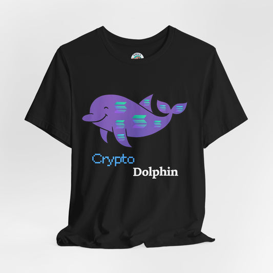 Black t-shirt with a purple 'Crypto Dolphin' graphic on a white background