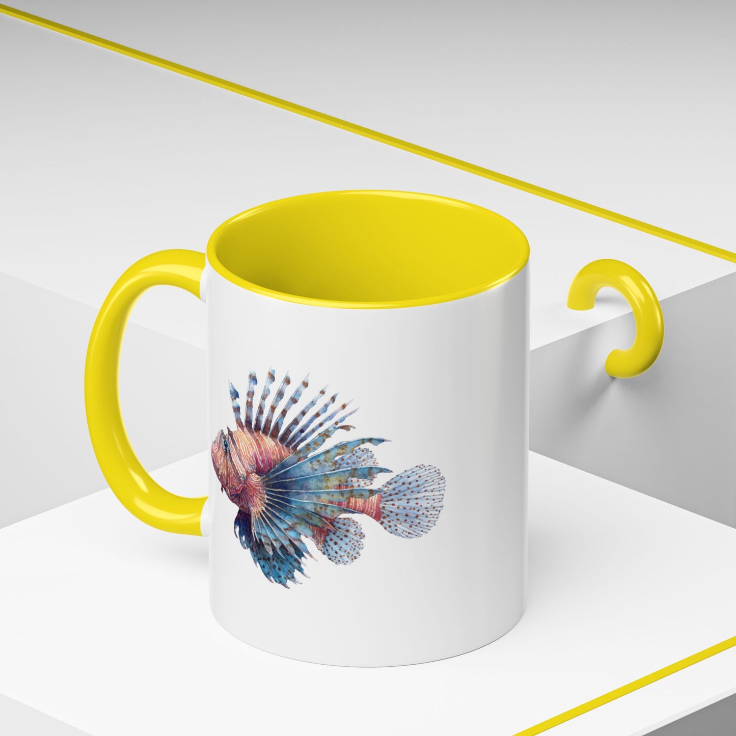 Mug with a colorful lion fish design on a white background