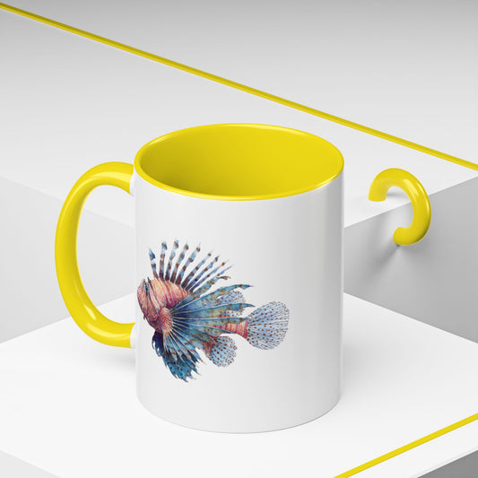 Mug with a colorful lion fish design on a white background