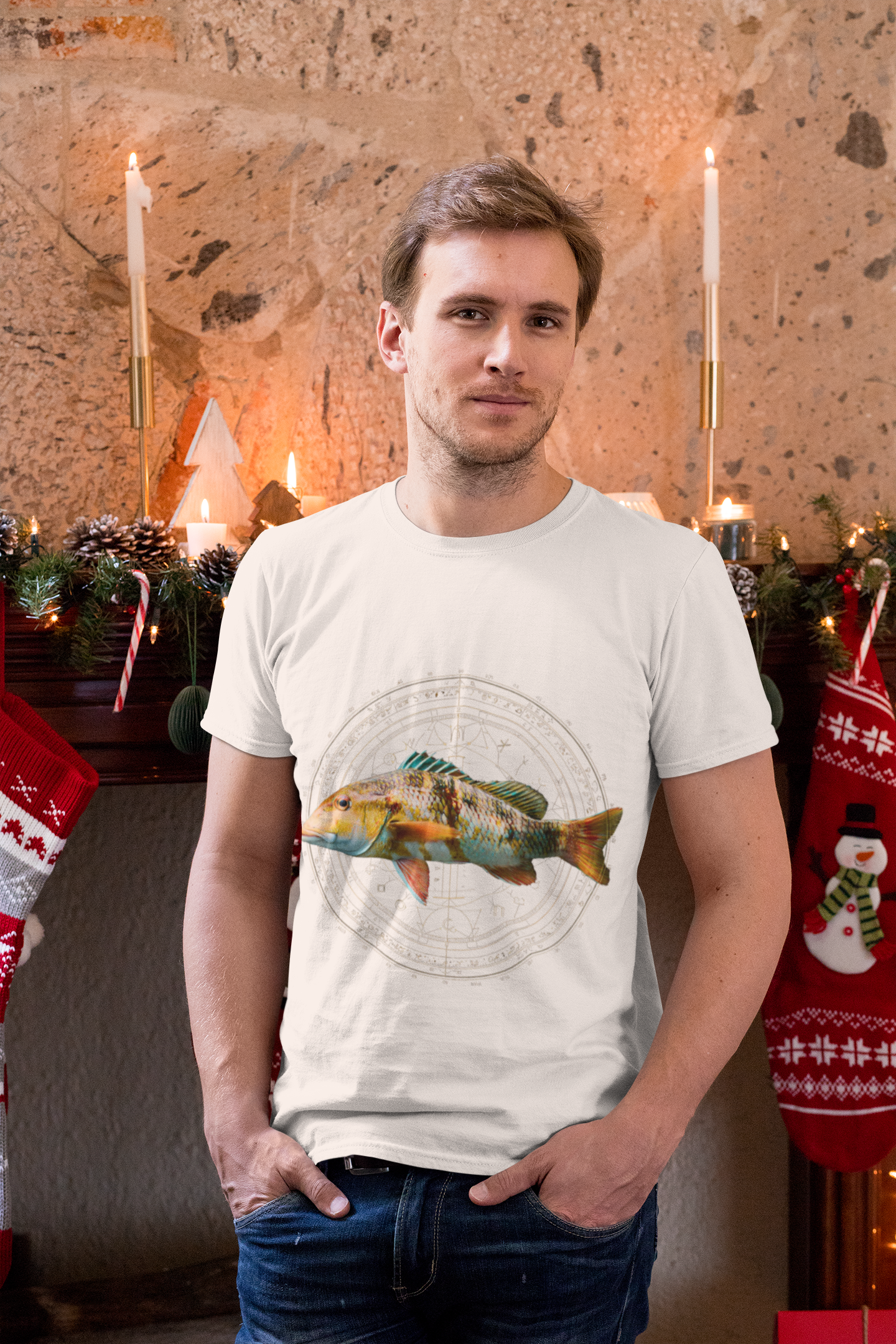 Man wearing a white t-shirt with a fish zodiac sign for Capricorn