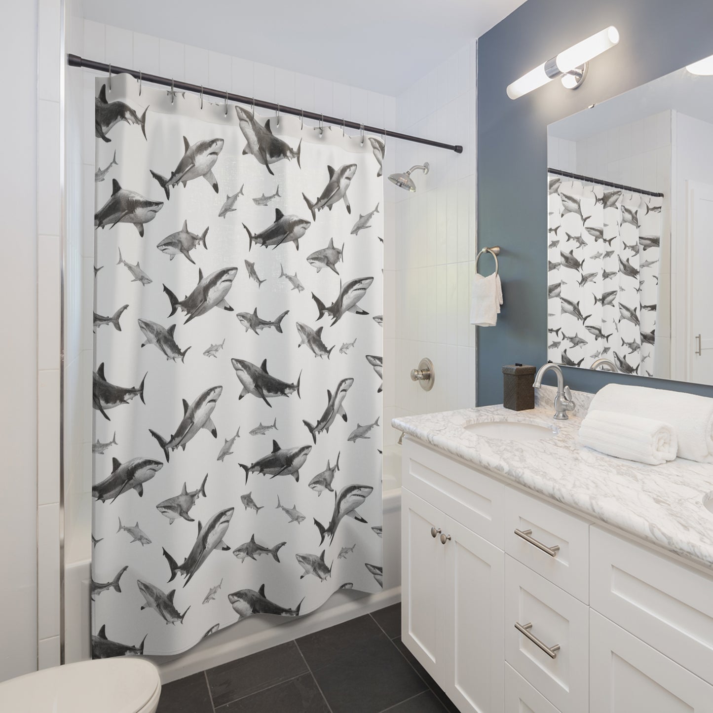 Misc Fishy Stuff | Come on in.. Shower Curtain | Just doing shark stuff Bathroom Decor