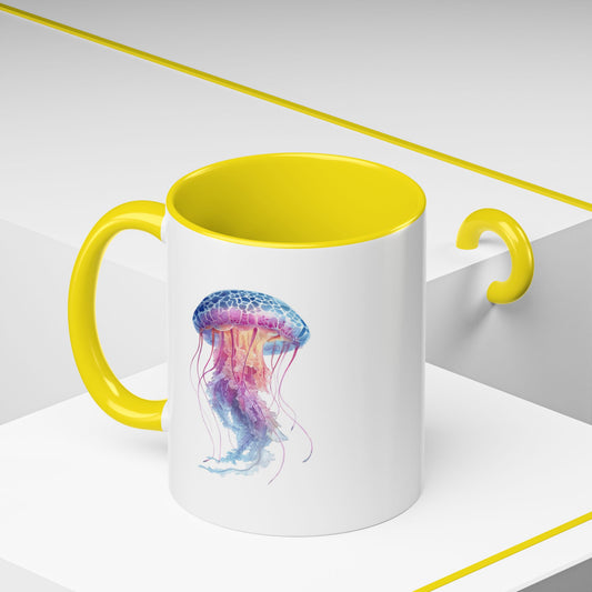 Mug with a colorful jellyfish design on a white background