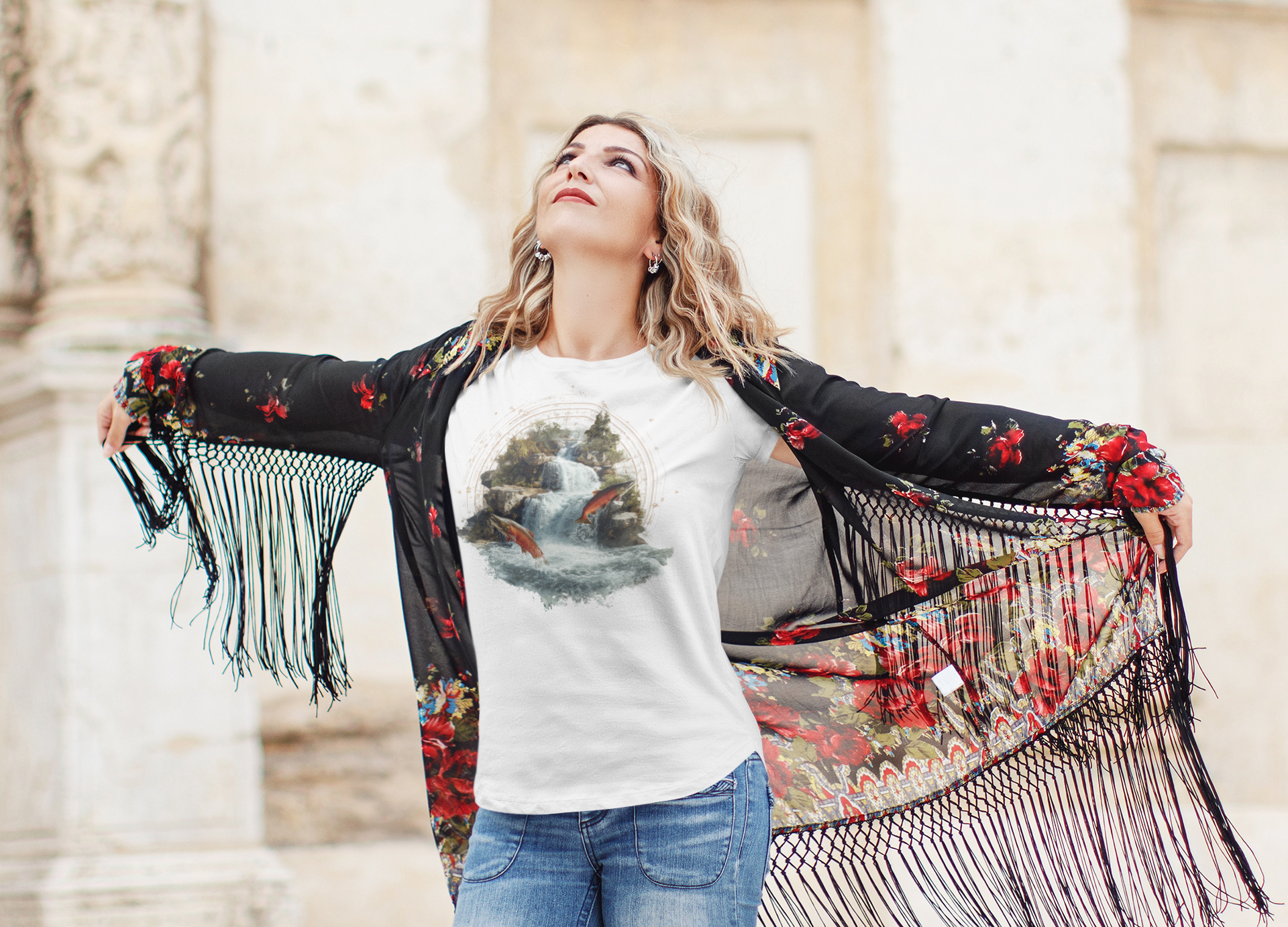 Aquarius woman wearing a white t-shirt with a fish zodiac sign
