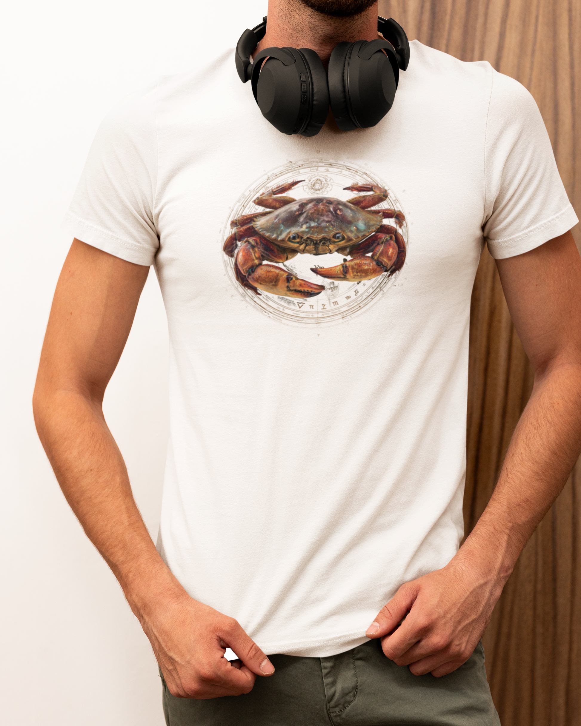 Cancer man wearing a white t-shirt with a fish zodiac sign