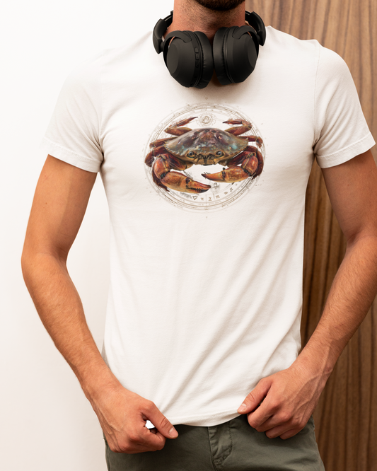 Cancer man wearing a white t-shirt with a fish zodiac sign