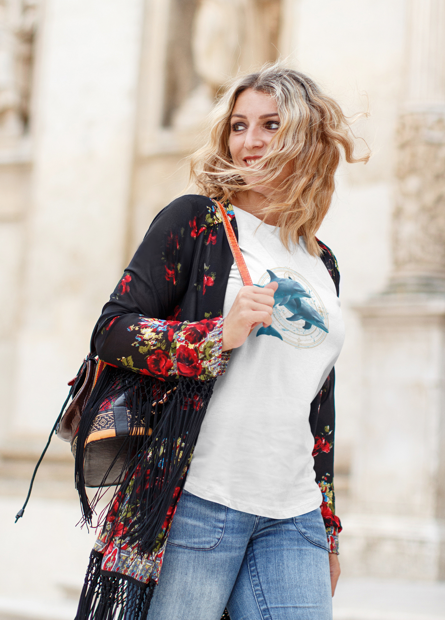 Gemini woman wearing a white t-shirt with a fish zodiac sign