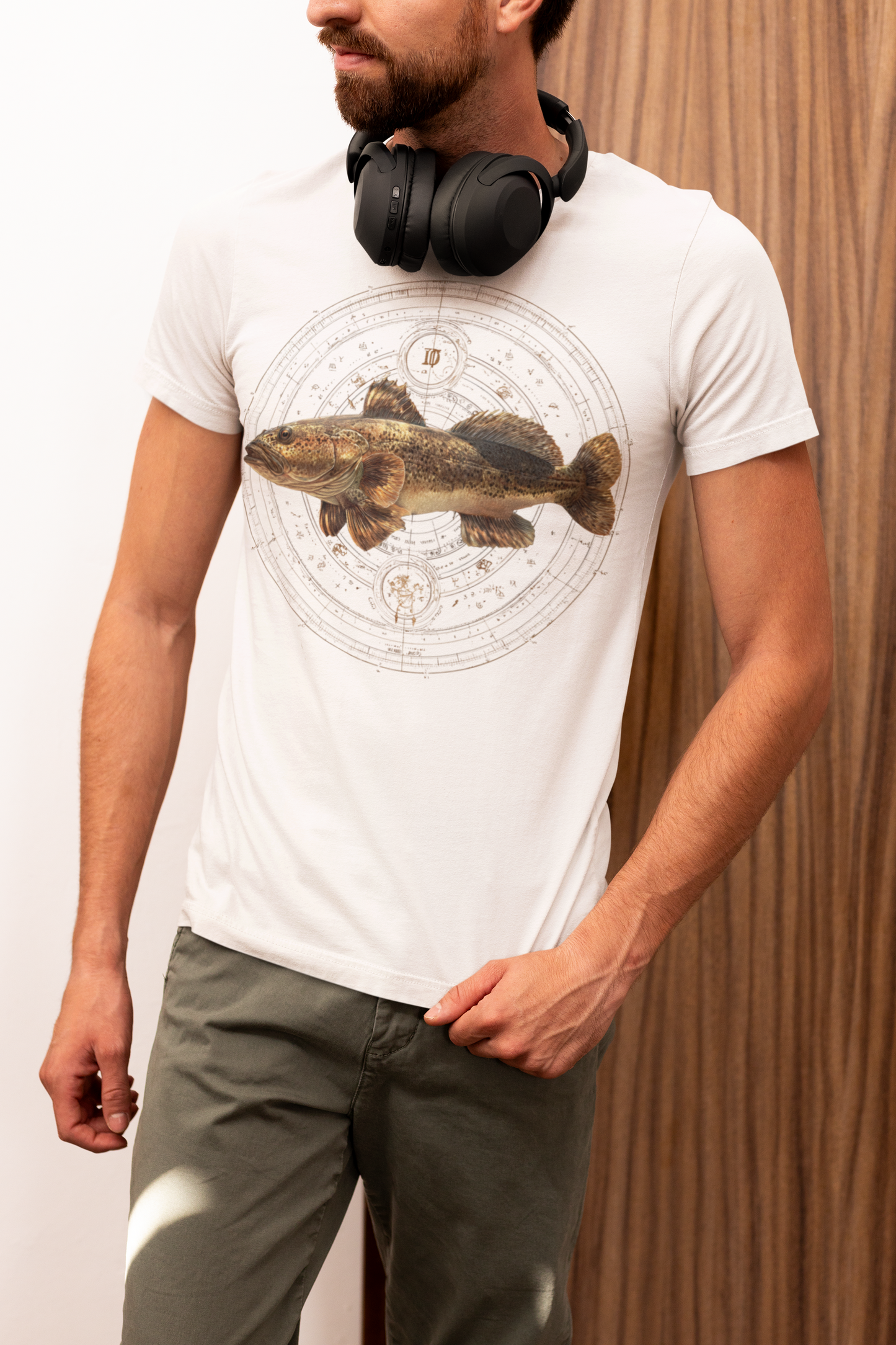 Libra man wearing a white t-shirt with a fish zodiac sign