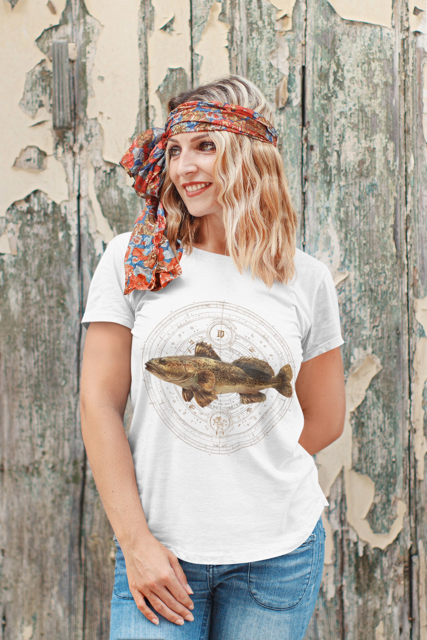 Libra woman wearing a white t-shirt with a fish zodiac sign