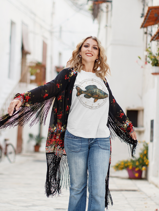 Sagittarius woman wearing a white t-shirt with a fish zodiac sign