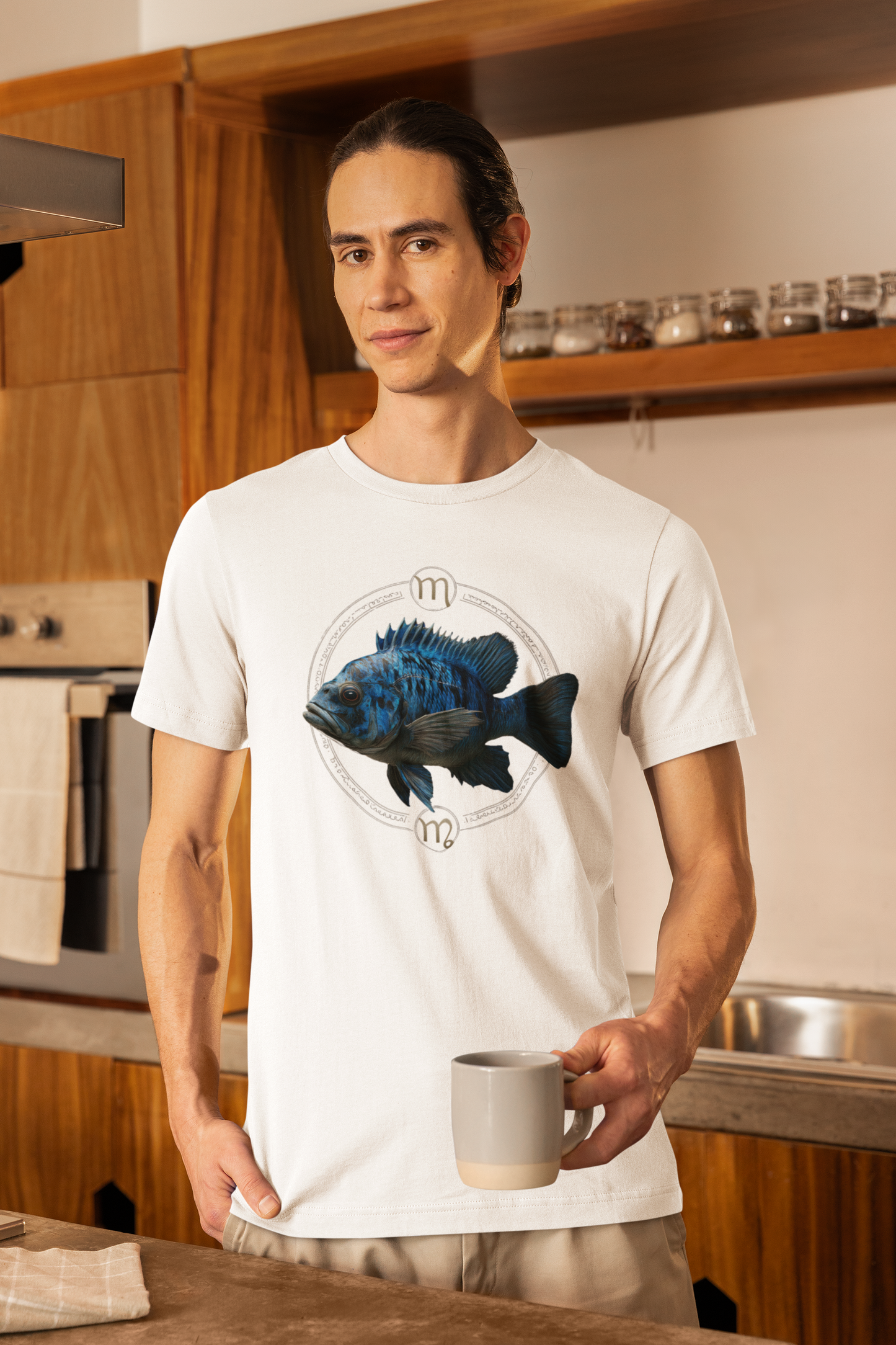 Virgo man wearing a white t-shirt with a fish zodiac sign